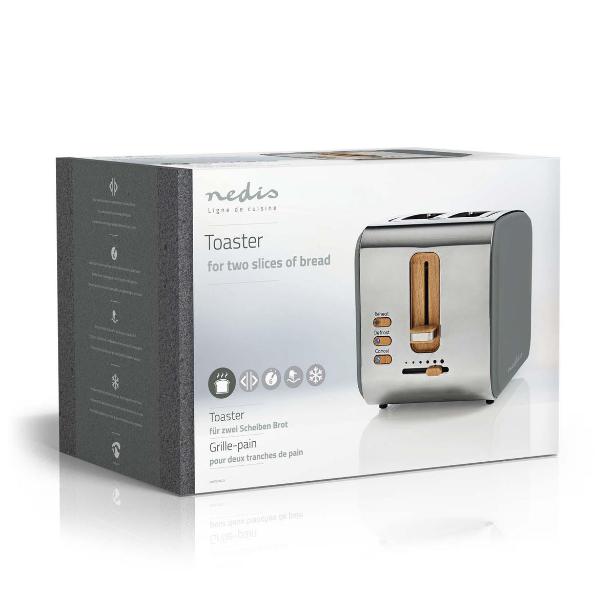 Nedis Soft Touch Toaster with 2 Wide Slots for Toast, Bagels or Muffins, 6 Toasting Settings, Reheat, Defrost and Cancel Functions, Grey