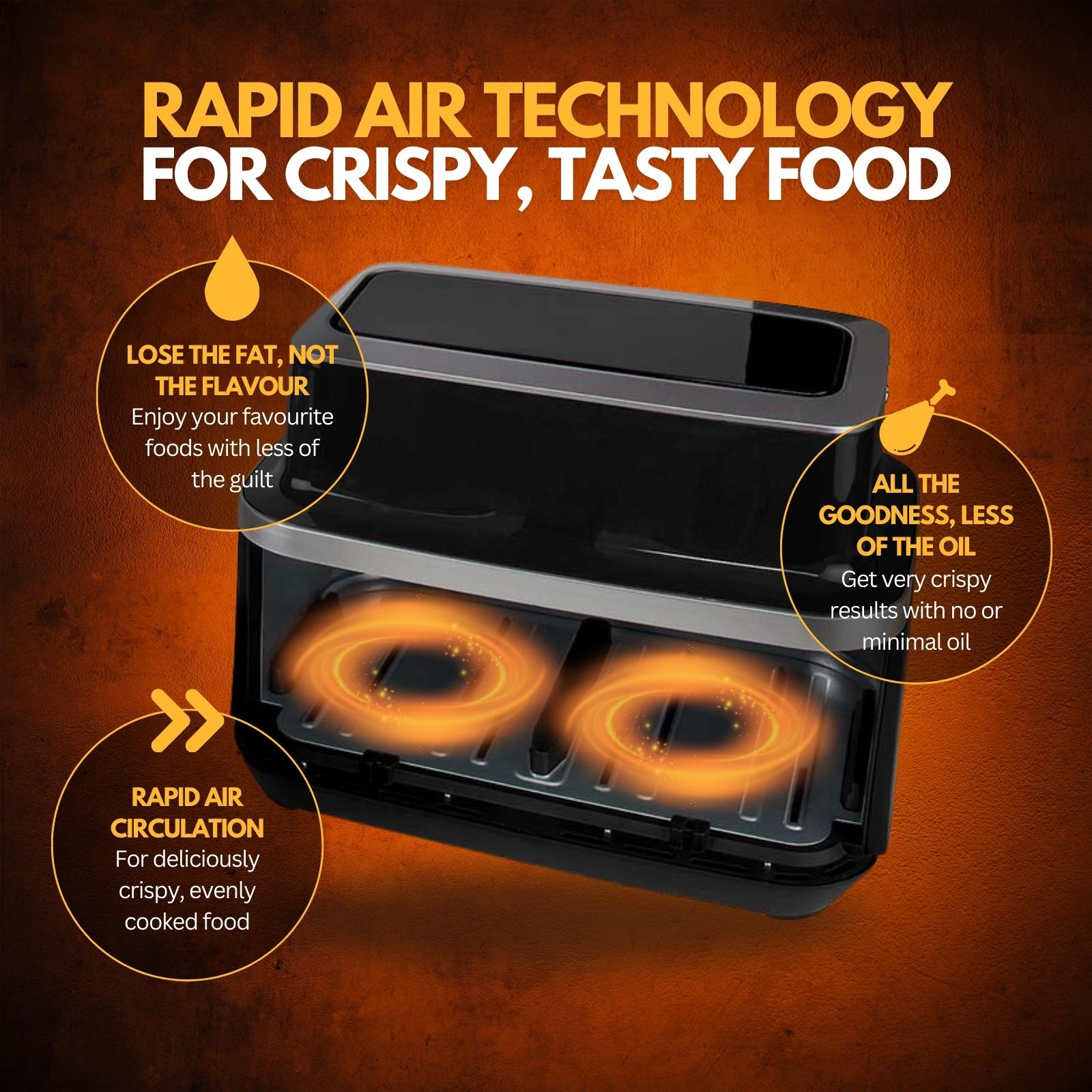 Nedis 8.4L Hot Air Fryer Family Dual Basket Air Fryer with Smart Finish, 10 Pre-Sets and Digital Control Panel - Black