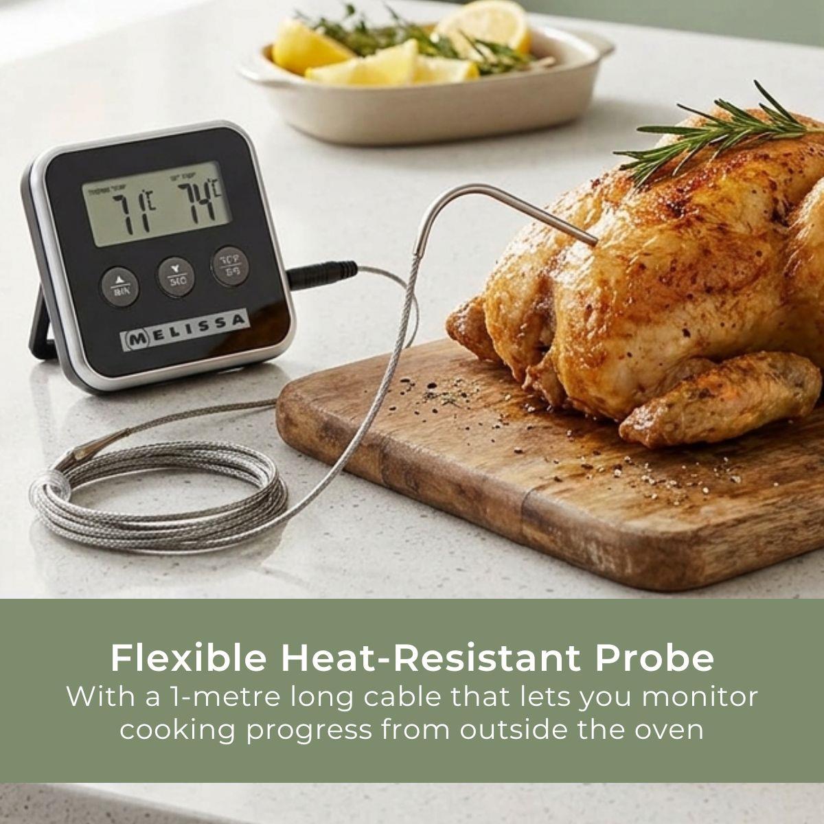 Melissa Leave-in Digital Food, Meat, Baking Thermometer Temperature Probe Cooking Kitchen BBQ, with Alarm, Timer - Black