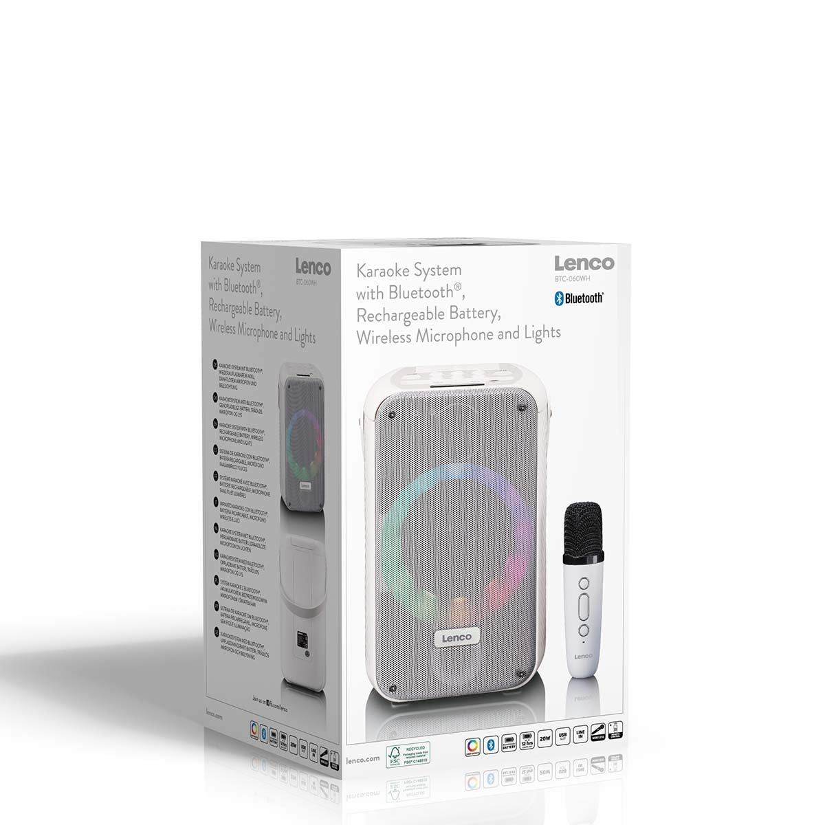 Lenco Karaoke Portable Speaker System with Bluetooth®, Rechargeable with Wireless Microphone | Disco LED Lighting | White