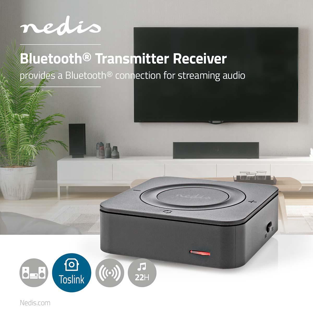 Nedis Bluetooth® Transmitter Receiver | Connection input: 1x AUX / 1x SPDIF | Connection output: 1x AUX / 1x SPDIF | AptX ™ Low latency / AptX™ / SBC | Up to 2 Devices | Maximum battery play time: 22 hrs | Black