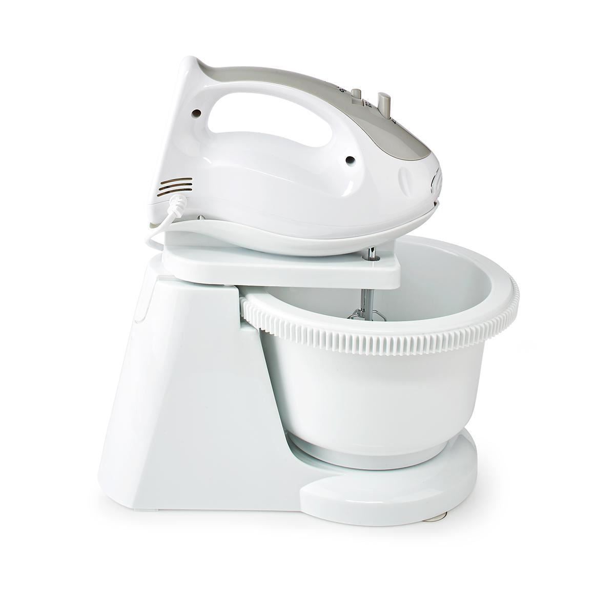 Nedis Electric Hand Mixer, 5 Speed with Turbo Button, with 2L Turning Bowl, Stainless Steel Beaters and Dough Hooks, 200W - White