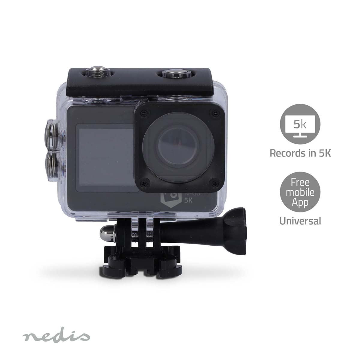 Nedis Dual Screen Action Cam, 5K Ultra HD 30fps, 16MP 170 Degree Wide Angle, Waterproof 30m, Wi-Fi Live Stream with 2" TFT Rear Screen & 1.3" Front Screen, Built-in Mic, Mounting Kit Included