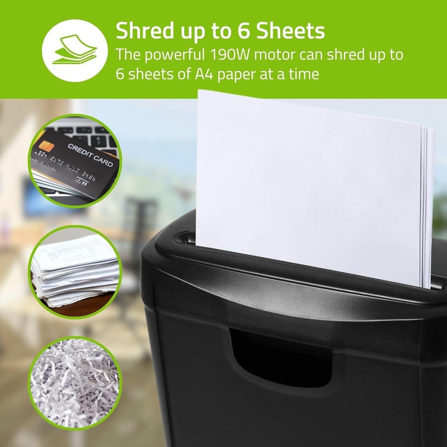 Nedis 6 Sheet Strip Cut Paper Shredder, DIN P-2 Security, Compact Shredder for Home & Small Office Use, Shreds Credit Cards, 10L Bin - Black