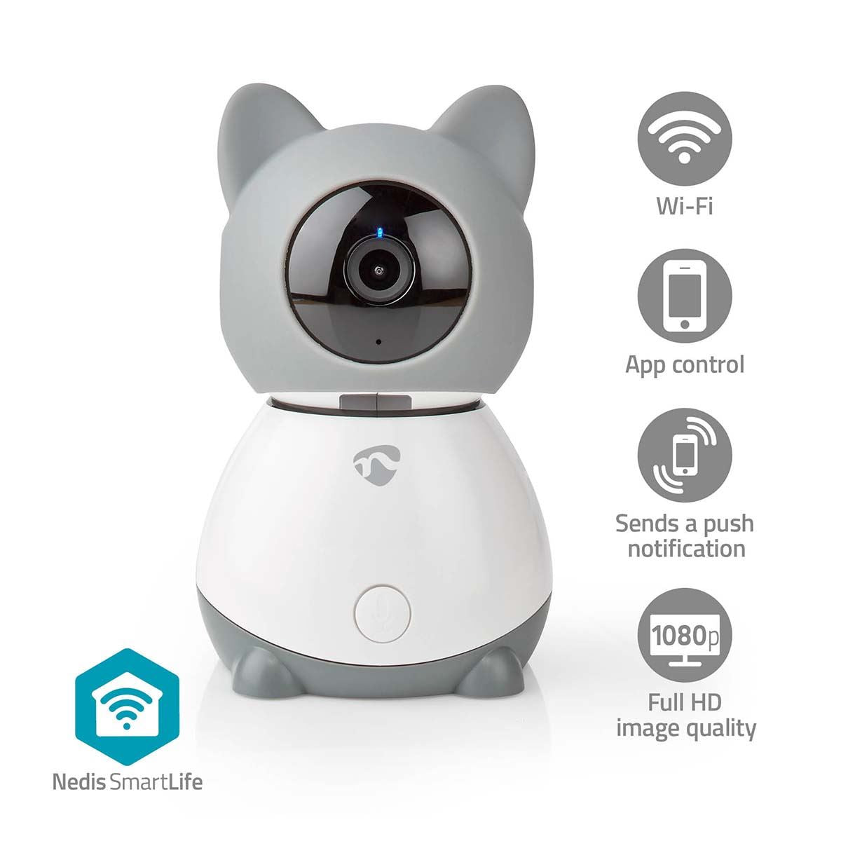Nedis Smart Wifi Baby Monitor, Indoor Camera Full HD 1080p, Night Vision, PTZ, Motion & Sound Detection, 2-Way Audio, Humidity & Temperature Sensor, App Control - White/Grey