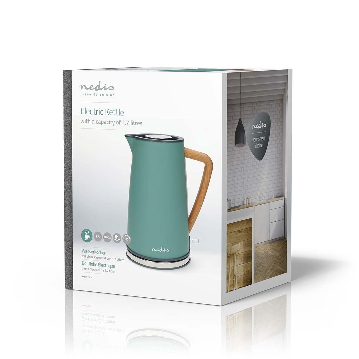 Nedis 1.7L Soft Touch Jug Kettle with Wood Effect Handle, Overheat Protection, Removeable Filter, 2.2KW - Matte Green
