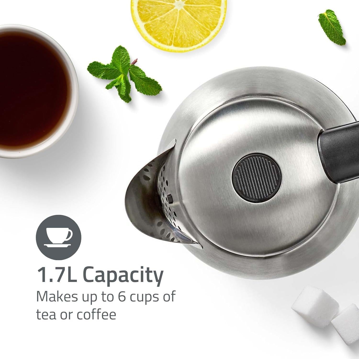 Nedis 1.7L Electric Kettle Cordless Silver 2200W Boil Dry Protection Auto Switch Off