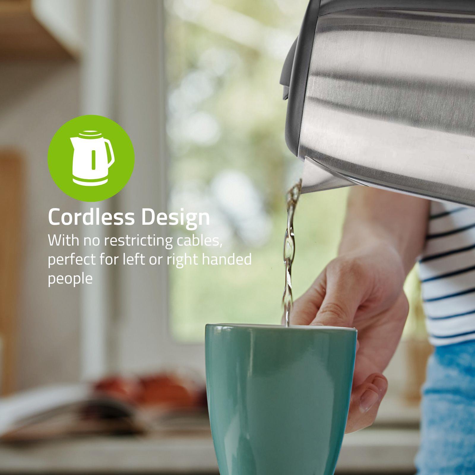 Nedis Electric Kettle, 1.7L, 2200W, Stainless Steel Jug with Quick Boil Time, Boil Dry Protection and Auto Shut Off, Cordless 360° Swivel Base, for Hot Water Tea or Coffee - Silver