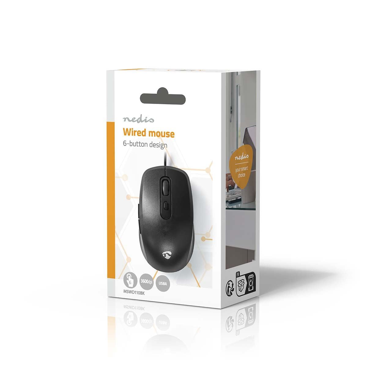 Nedis Mouse | Wired | 1200 / 1800 / 2400 / 3600 dpi | Adjustable DPI | Number of buttons: 6 | Right-Handed