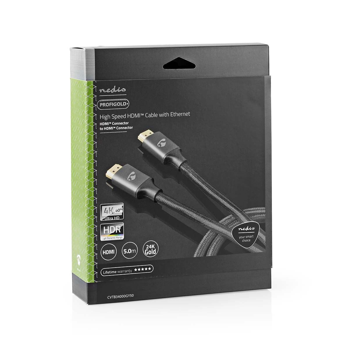Nedis High Speed HDMI™ Cable with Ethernet | HDMI™ Connector | HDMI™ Connector | 4K@60Hz | ARC | 18 Gbps | 5.00 m | Round | Cotton | Gun Metal Grey | Cover Window Box
