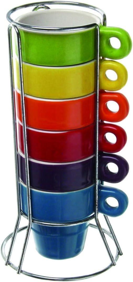 Stackable Set of 6 Espresso Coffee Ceramic Mugs & Stand, Multiple