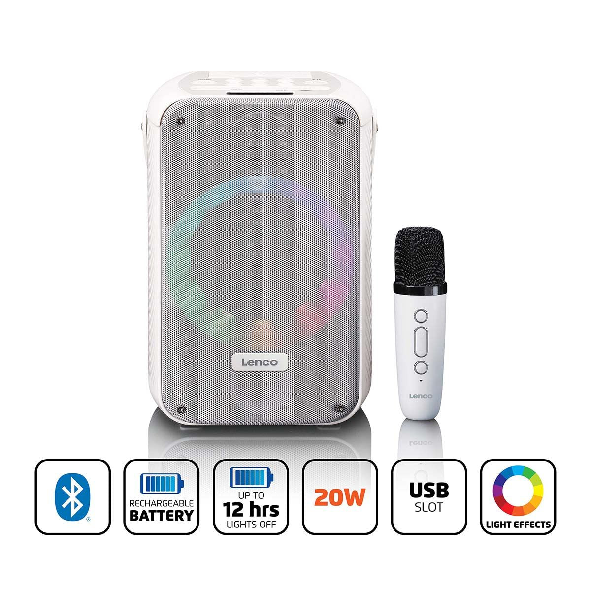 Lenco Karaoke Portable Speaker System with Bluetooth®, Rechargeable with Wireless Microphone | Disco LED Lighting | White