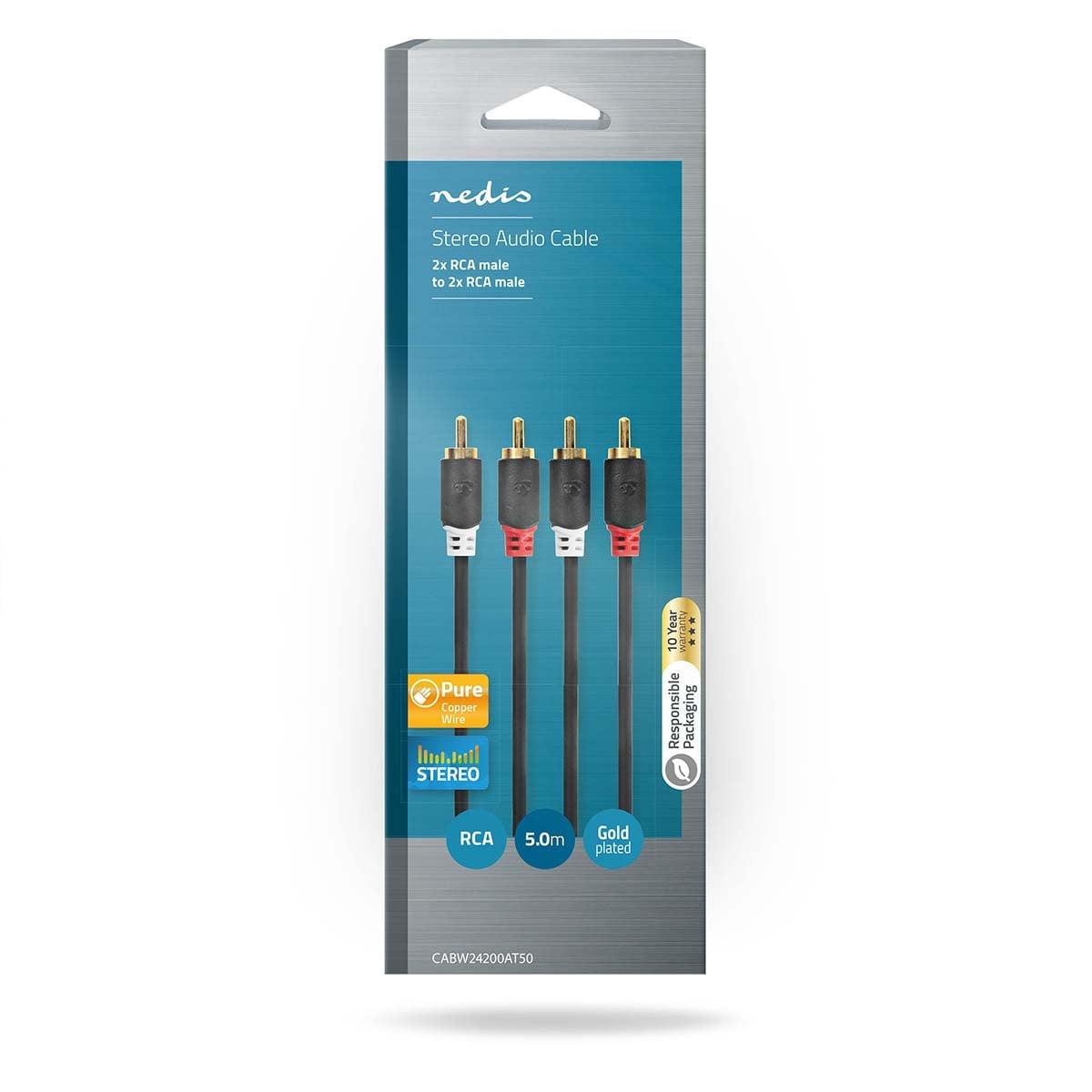 Nedis Stereo Audio Cable | 2x RCA Male | 2x RCA Male | Gold Plated | 5.00 m | Round | Anthracite | Box