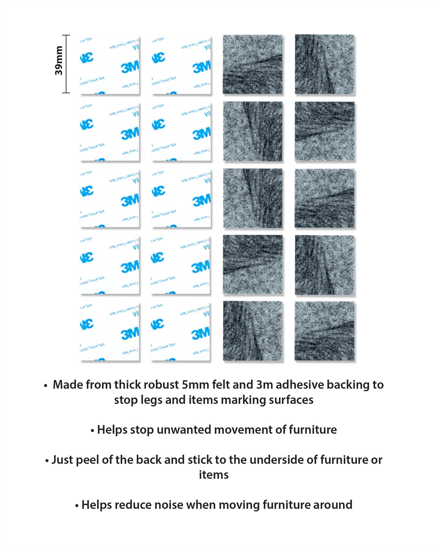 39mm 20 Pack Square Felt Pads Self Adhesive Black Sticky Furniture Floor Chair Legs Protectors