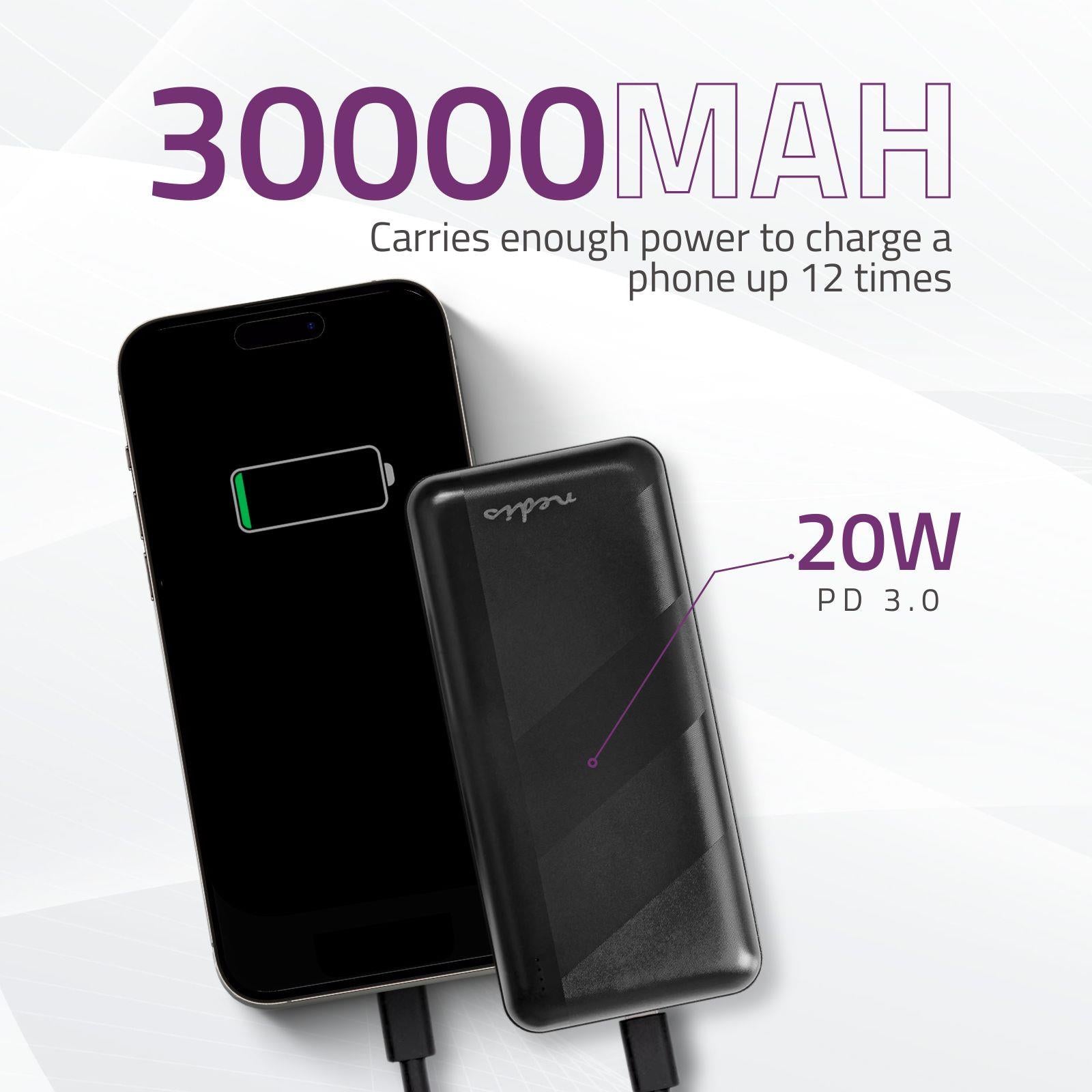 Nedis Powerbank | 30000 mAh | 1.5 / 2.0 / 3.0 A | Number of outputs: 2 | Output connection: 1x USB-A / 1x USB-C™ | Input connection: 1x Micro USB / 1x USB-C™ | PD3.0 20W | Lithium-Polymer