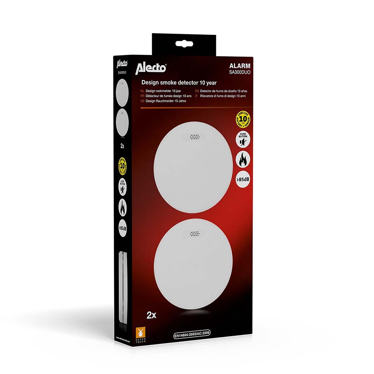 Alecto SA300 Ultra Thin Smoke detector with Hush Button | >85 dB | 10 Year Battery Included | EN14604:2005/AC:2008 | White | 2 Pack