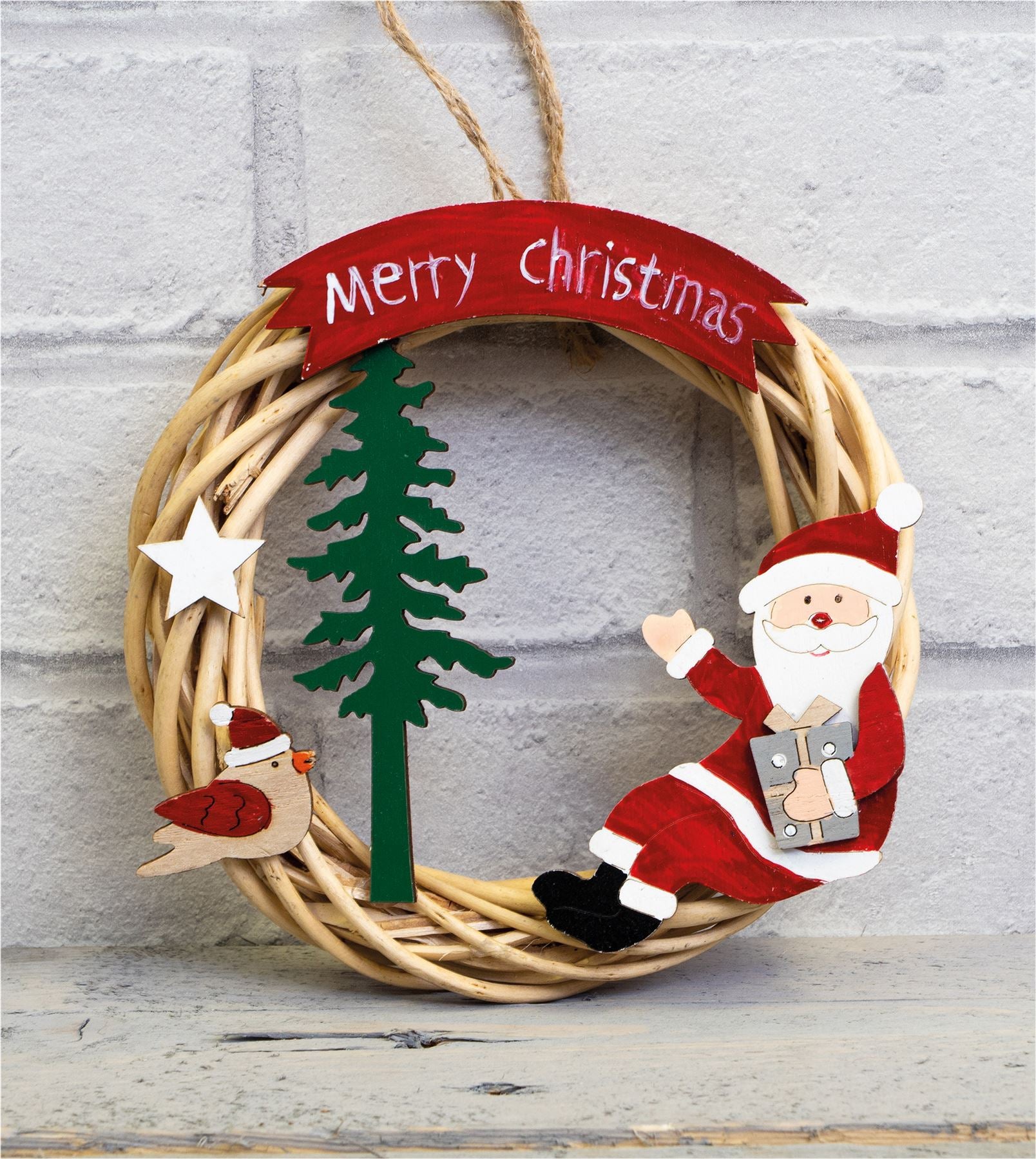 Festive Wicker Christmas Wreath with Santa Claus Design and LED String Light Battery Powered