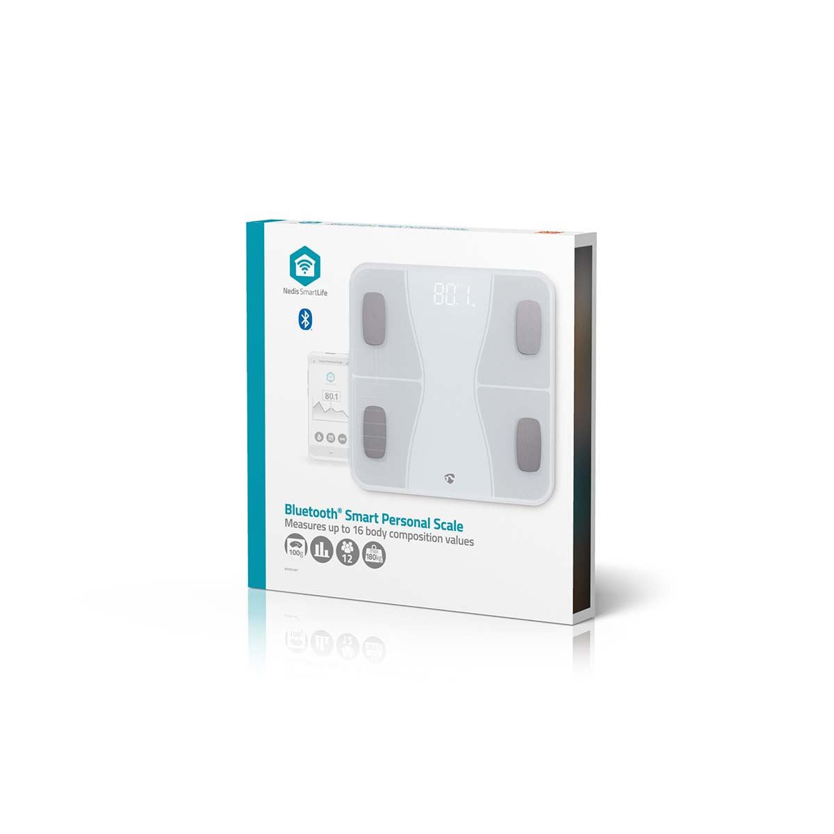 Nedis SmartLife Bluetooth Smart Weighing Scale, BMI Body Analysis with 16 Measurements Including BMI, Fat & Muscle Mass, 180 kg Capacity, Compatible with Fitbit, iOS & Android App - White