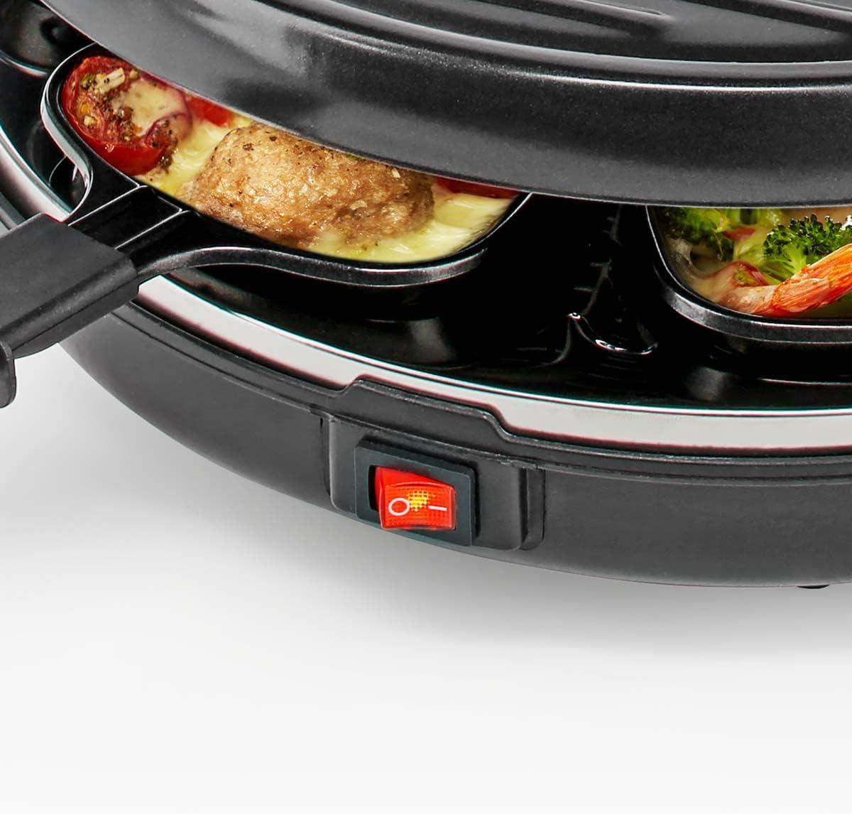 MELISSA Electric Raclette Gourmet Grill, 6 Person Indoor Non-Stick Tabletop Cooker, Removable Round Hot Plate, with 6 x Mini Cheese Pans & Spatulas, 800W