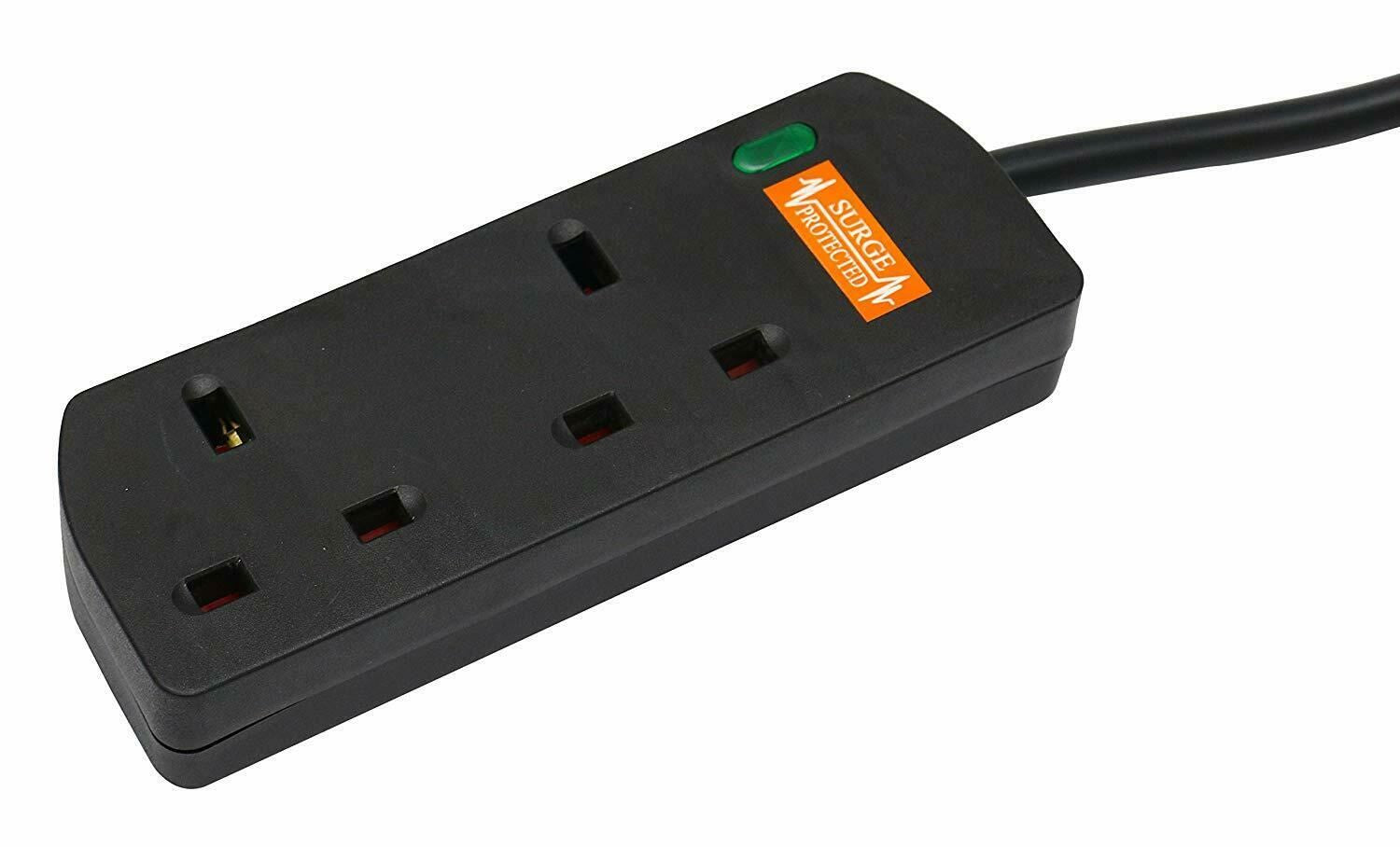 2 Gang 2m Mains Extension Lead Socket 13A Surge Protected - Black