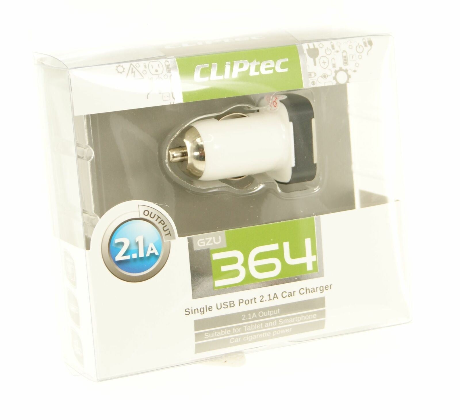 CLiPtec USB 5V 1A Single In-Car Charger Ideal for Older Devices - White