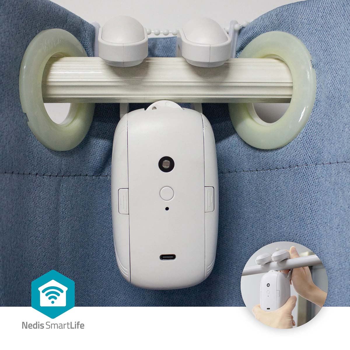 Nedis SmartLife Battery or USB Powered Automatic SmartLife Curtain Robot Opener Bluetooth Voice Control and Timer for Google Home and Alexa 4000 mAh - White