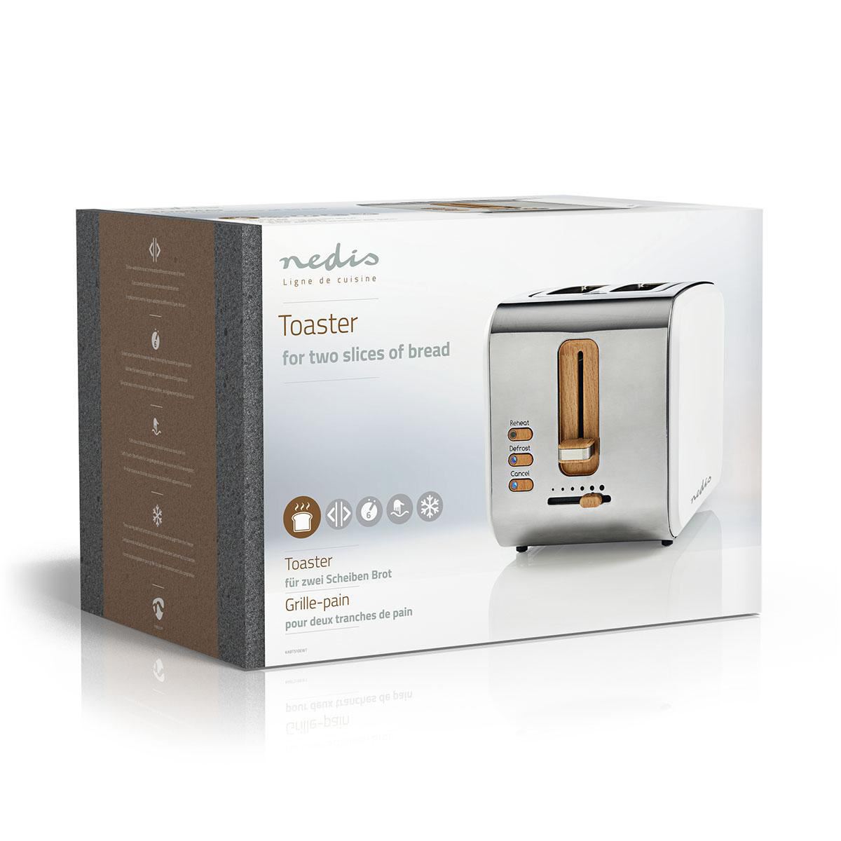Nedis Soft Touch Toaster, 2 Slice, 6 Browning Levels, Defrost Cancel Reheat Functions, Cool Touch, White
