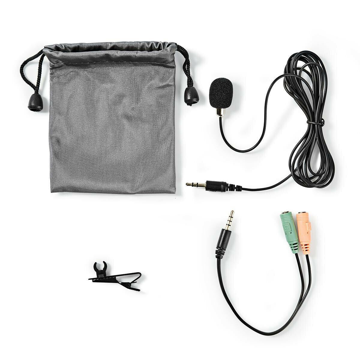 Nedis 3.5mm Lavalier Microphone, Wired Omnidirectional Clip On Lapel Mic with Audio Splitter and Travel Pouch, for Video Call Podcast Ga...