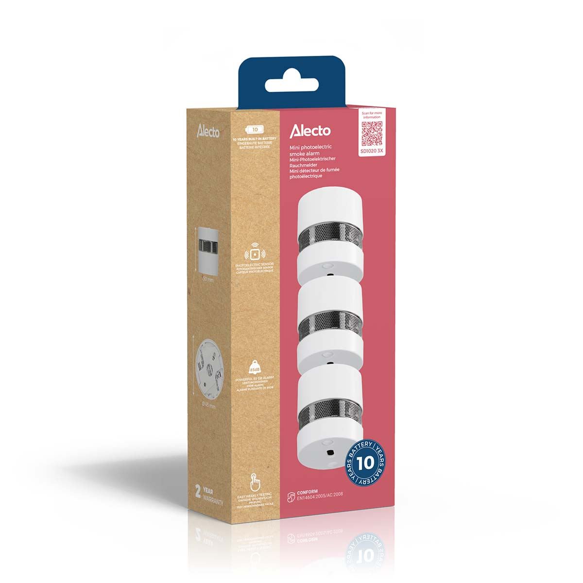 Alecto SD1020 Mini Smoke detector with Runtime Sensor | >85 dB | 10 Year Battery Included | EN14604:2005/AC:2008 | White | 3 Pack