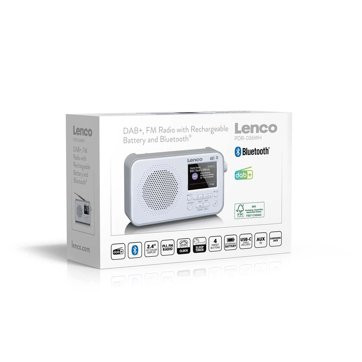 Lenco Portable DAB+ FM Radio with Bluetooth® Speaker | 2.4" TFT LCD Display | White