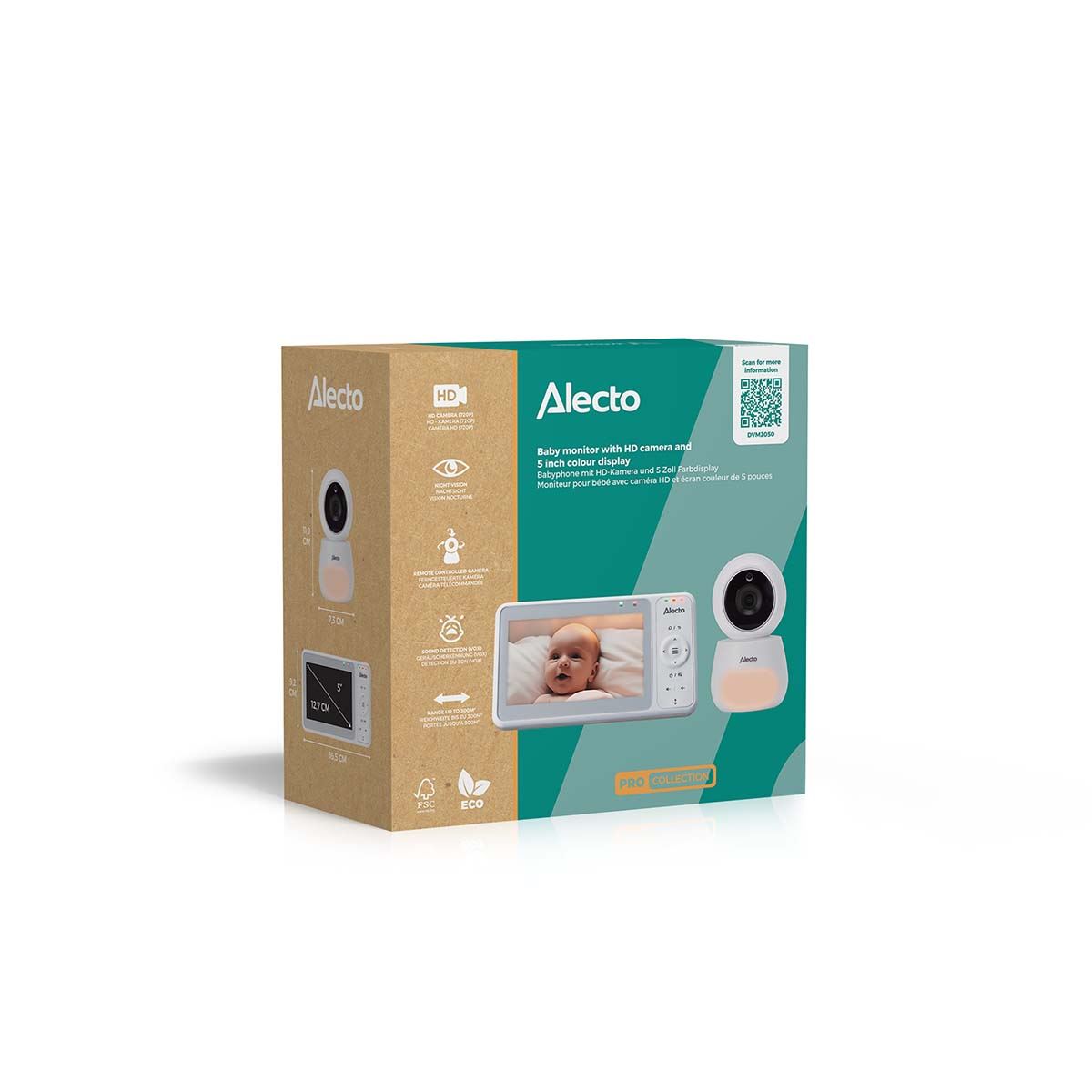 Alecto DVM-2050 Video Baby Monitor with Camera, 5.0" Inch No Wifi Baby Monitor, Temperature, Night Light, Night Vision, Lullaby, Two-Way Audio - White