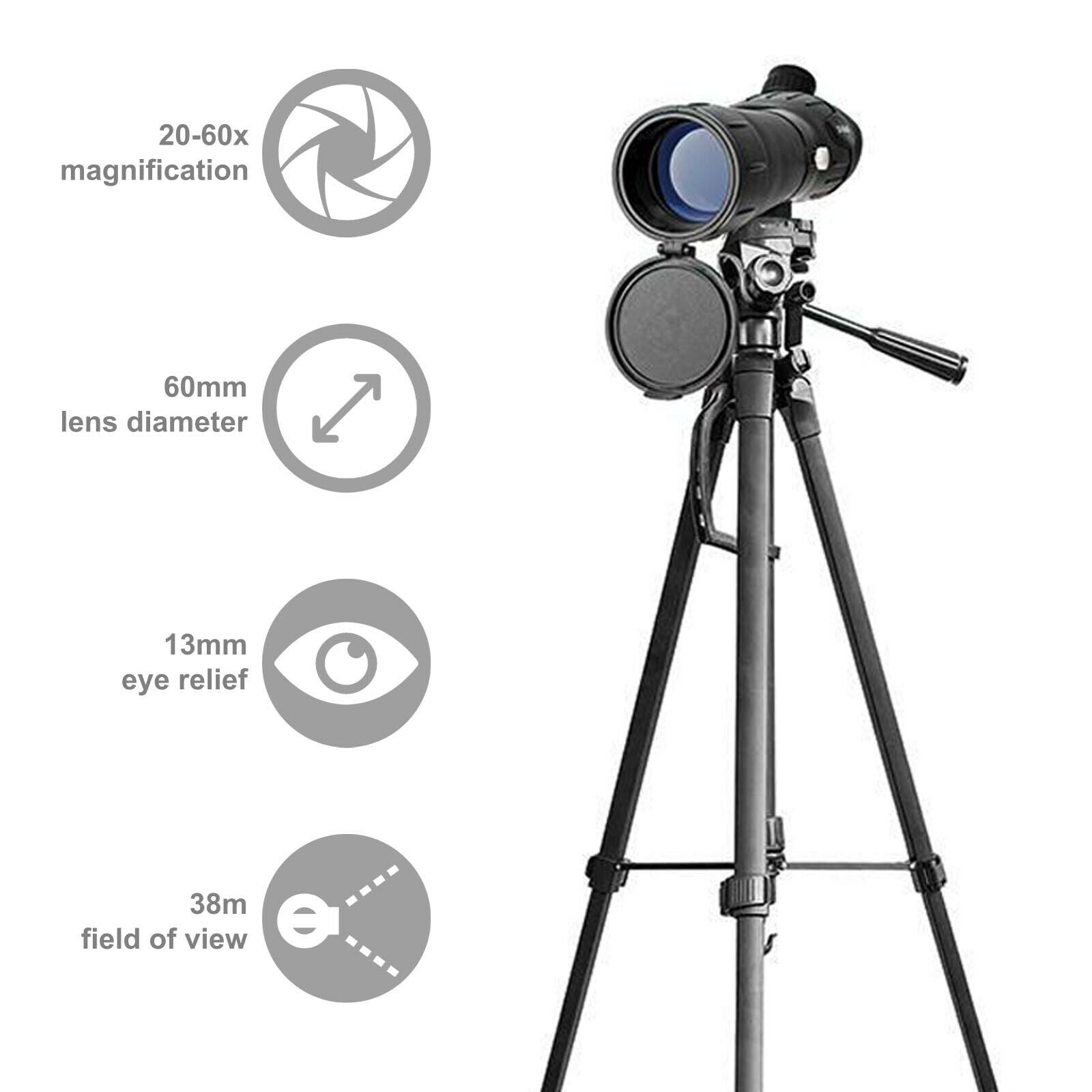 Nedis Spotting Scope | Magnification range: 20-60 | Objective lens diameter: 60 mm | Field of view: 38 m | Dioptric correction | Travel bag included | Black