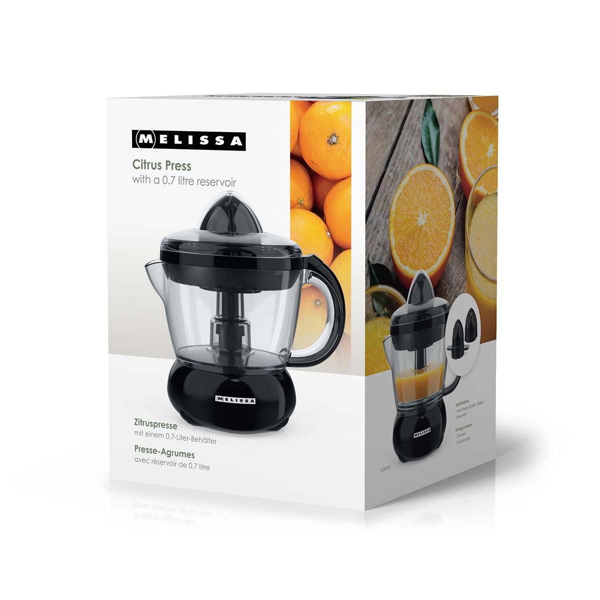 MELISSA 0.7L Electric Citrus Press Juicer Squeezer, 40W Motor, with Bi-Directional Twist, 2 x Interchangeable Cones, and Easy Pour Spout, for Lemon Grapefruit Orange Lime Juice Extractor - Black