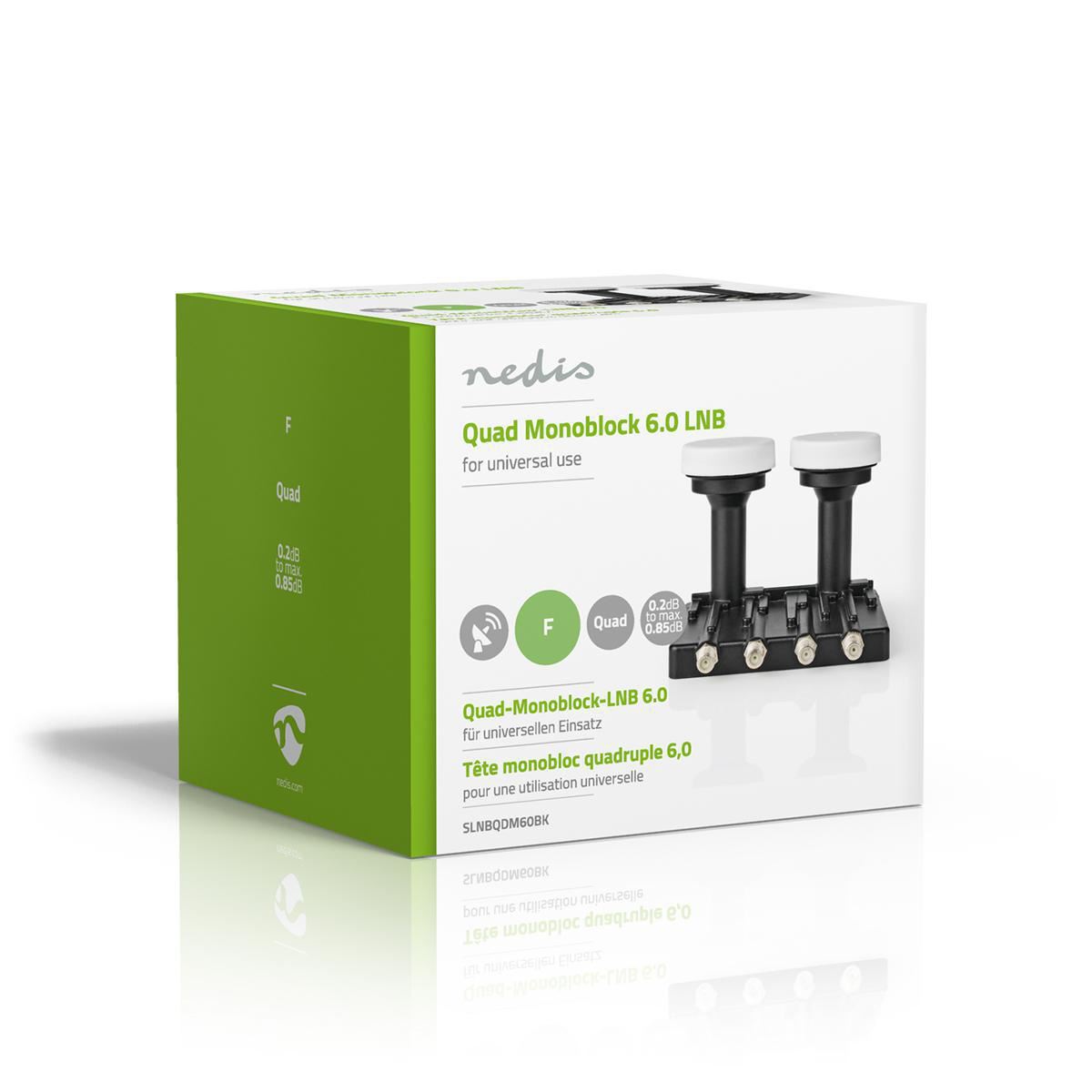 Nedis LNB | Quad Monoblock 6.0° | Output connection: 4x F-Connector | Noise figure range: 0.85 dB | Conversion gain: 52 - 67 dB | Black | Suitable for: Astra+ / Hotbird