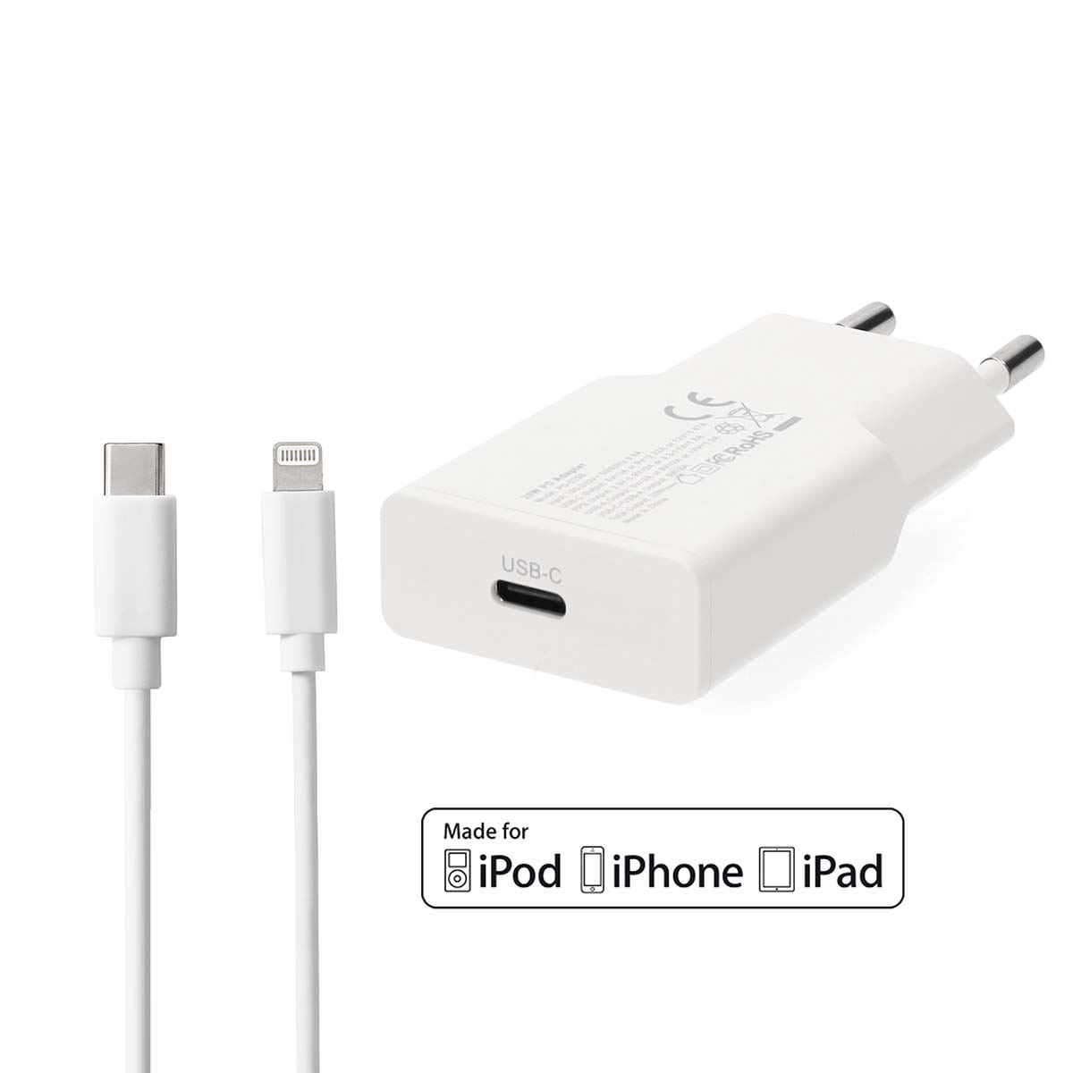 Nedis EU Euro Travel Wall Charger | 20 W | GaN | PD3.0 | Quick charge feature | 1.67 / 2.22 / 3.0 A | Number of outputs: 1 | USB-C™ | Lightning 8-Pin (Loose) Cable | 1.00 m | Automatic Voltage Selection | White
