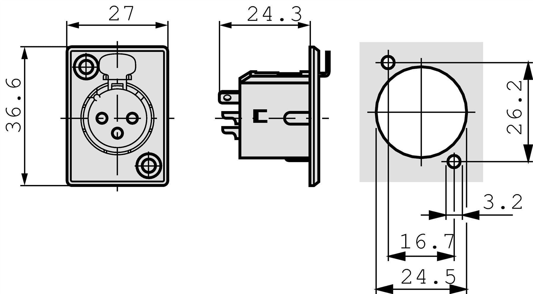 Neutrik 3 pole female receptacle, solder contacts, Nickel housing, silver contacts