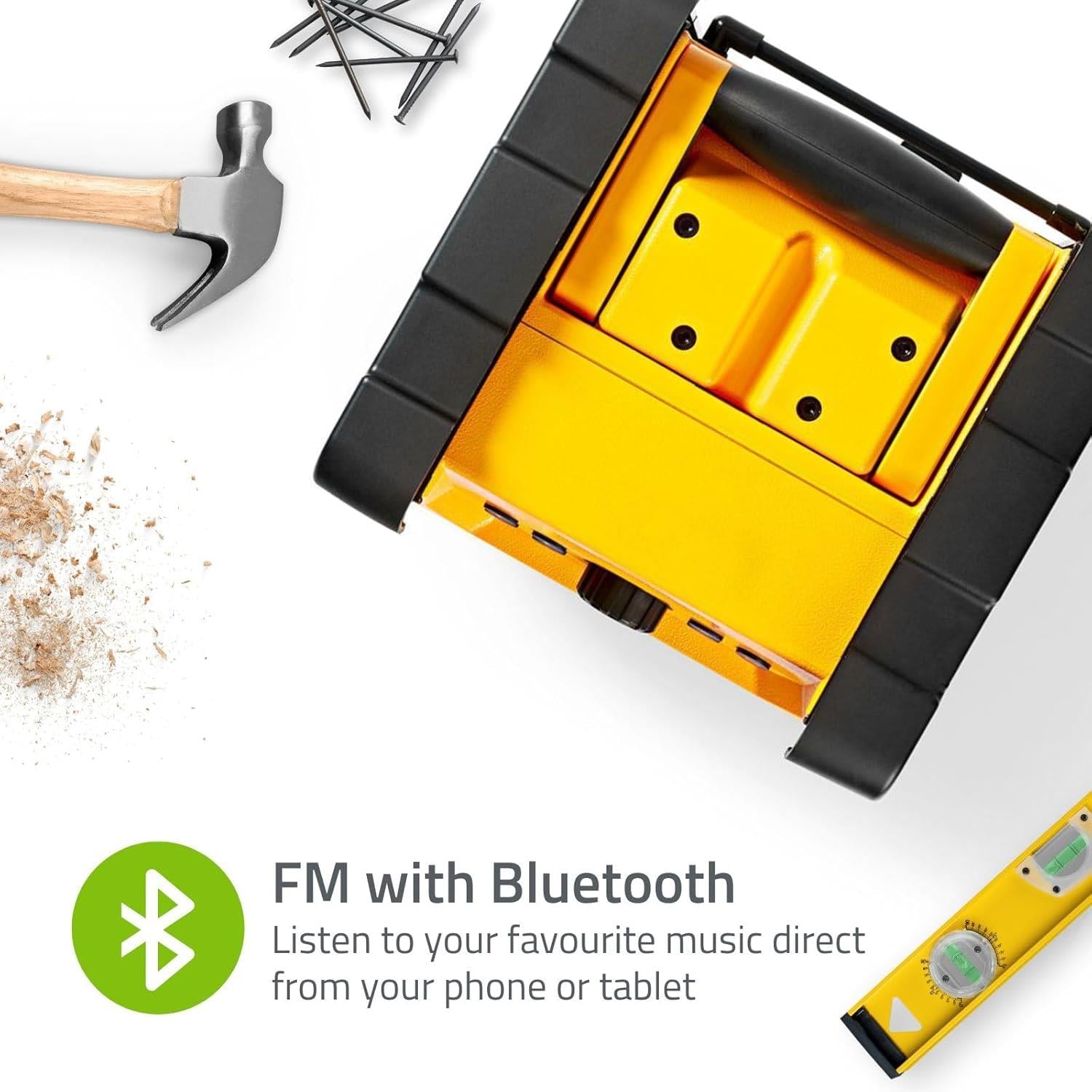 Nedis FM Radio | Jobsite Radio | FM | Battery Powered / Mains Powered | Digital | 15 W | Screen size: 2.2 " | Blue White Screen | IPX5 | Carrying handle | Black / Yellow