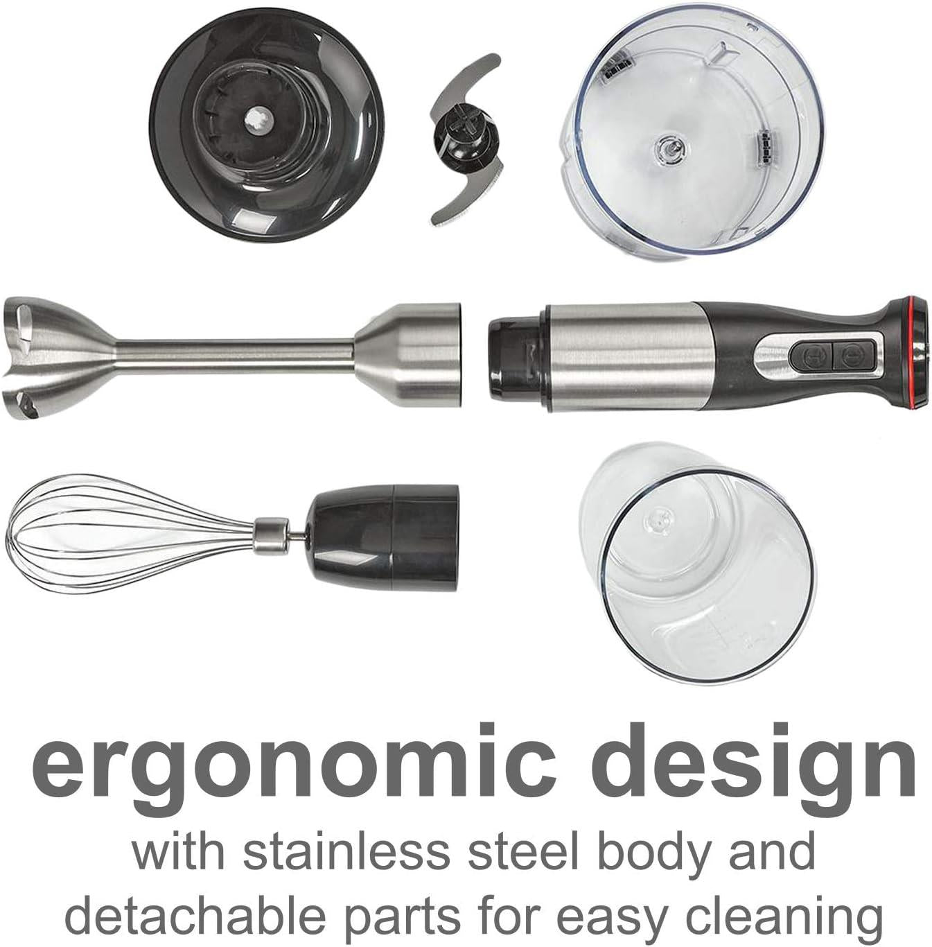 Nedis 3 in 1 Hand Blender, 800W Mini Chopper Food Processor, Immersion Blender and Electric Whisk, with 500ml Chopper Bowl and 900ml Beaker - Silver/Black