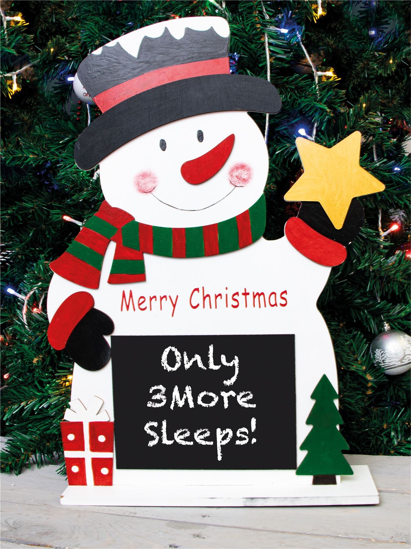 Festive Wooden Snowman On Stand With Chalkboard Christmas Ornament