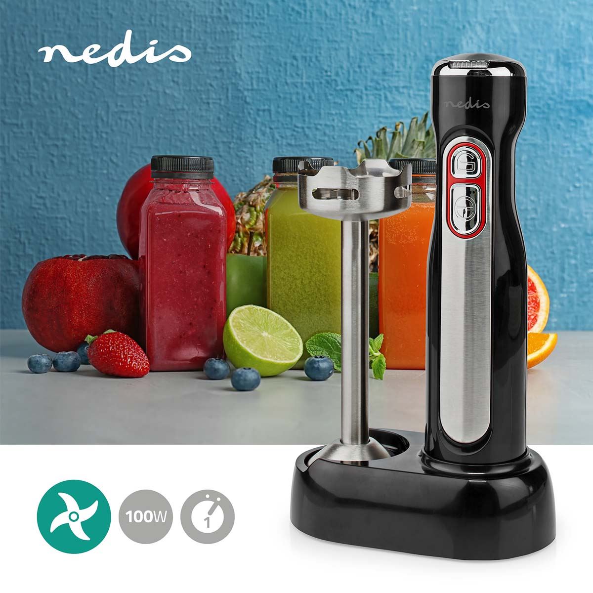Nedis Hand Blender, 100W Cordless Handheld Stick Immersion Mixer with Stainless Steel Blades