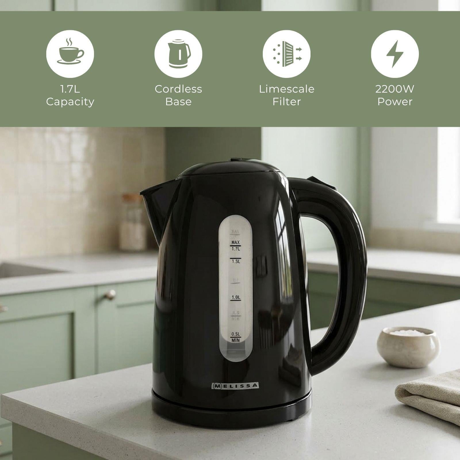 MELISSA 1.7L Electric Kettle with Quick Boil Time, Boil-Dry Protection, 360° Cordless Base, 2025W - Black