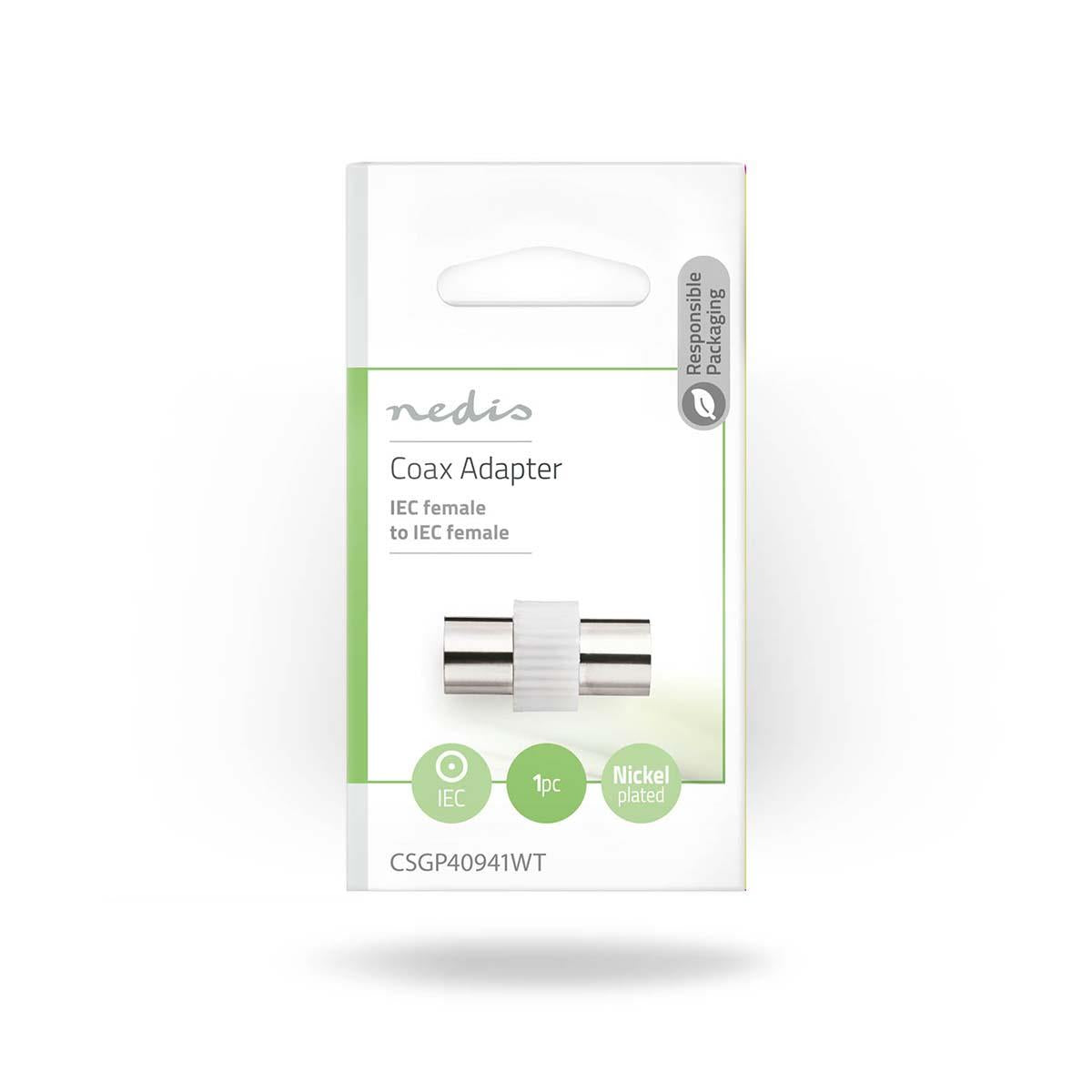 Nedis Satellite & Antenna Adapter | IEC (Coax) Female | IEC (Coax) Female | Nickel Plated | 75 Ohm | Straight | Metal / Plastic | White | 1 pcs | Envelope