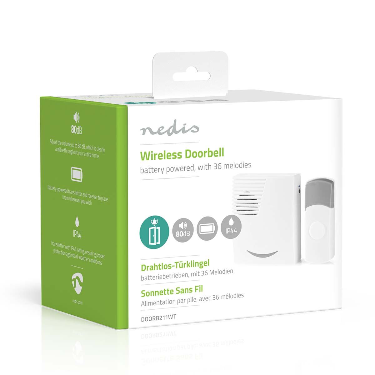 Nedis Wireless Doorbell, Battery Powered Cordless Door Chime Kit with 100m Range, 36 Chimes, LED and 80dB Volume - White