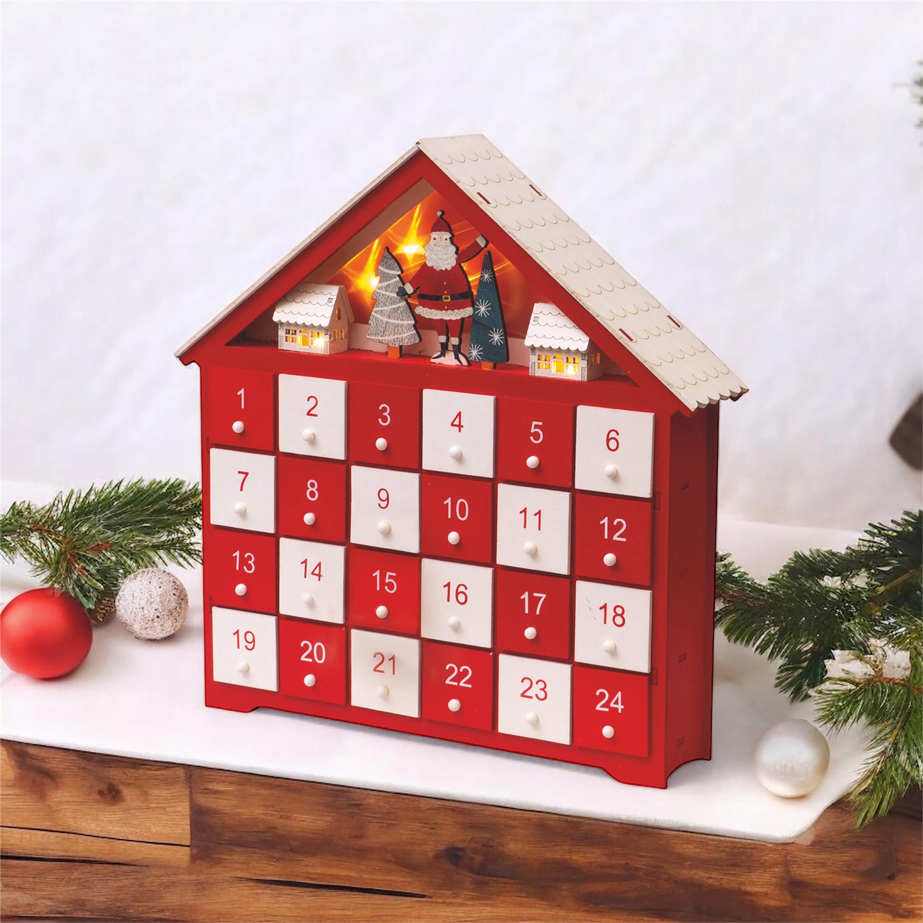 Festive Wooden Christmas Advent Calendar with 24 Individual Drawers and LED Lights
