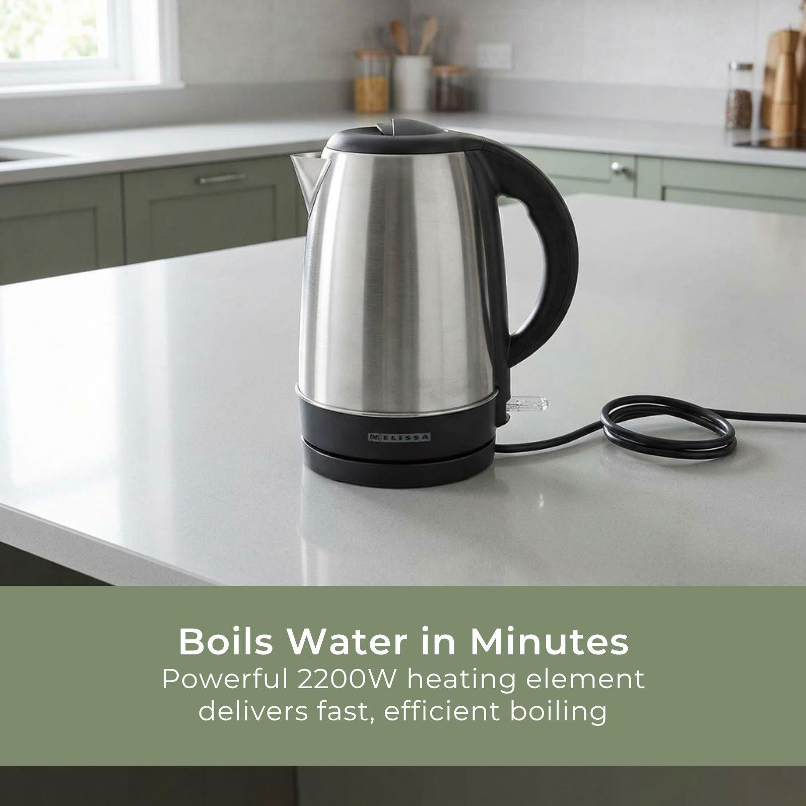 MELISSA Electric Kettle, 1.7L, 2200W, Stainless Steel Jug with Quick Boil Time, Boil Dry Protection and Auto Shut Off, Cordless 360° Swivel Base, for Hot Water Tea or Coffee - Silver