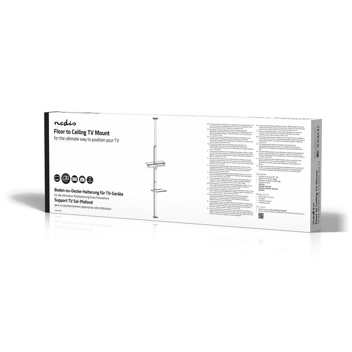 Nedis Floor-to-Ceiling TV Stand, Adjustable Height, Suitable for 37"-70" Screens, Max. 30kg Weight, 360� Swivel, VESA Compatible - Black/Silver