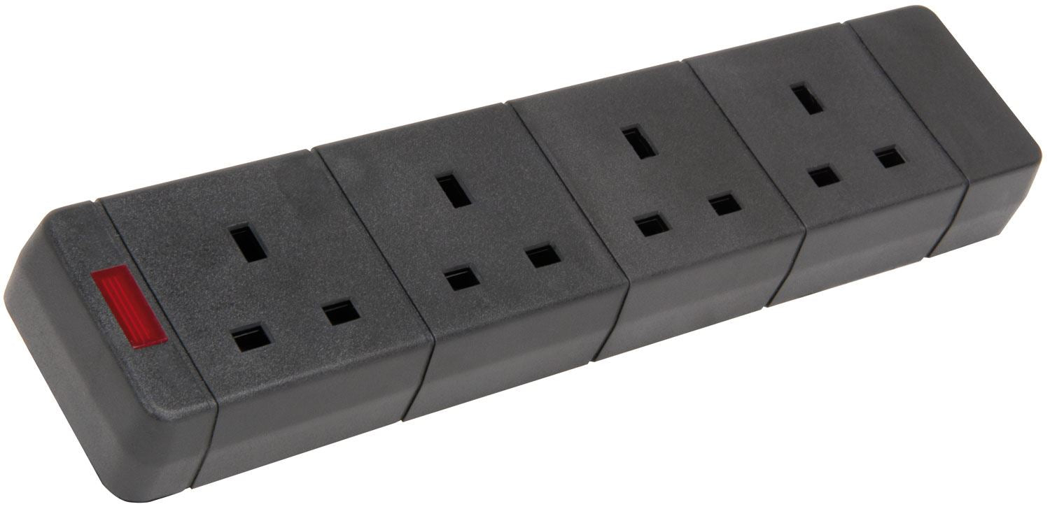 Mercury 4 gang 13A Re-Wireable trailing socket with neon - Black