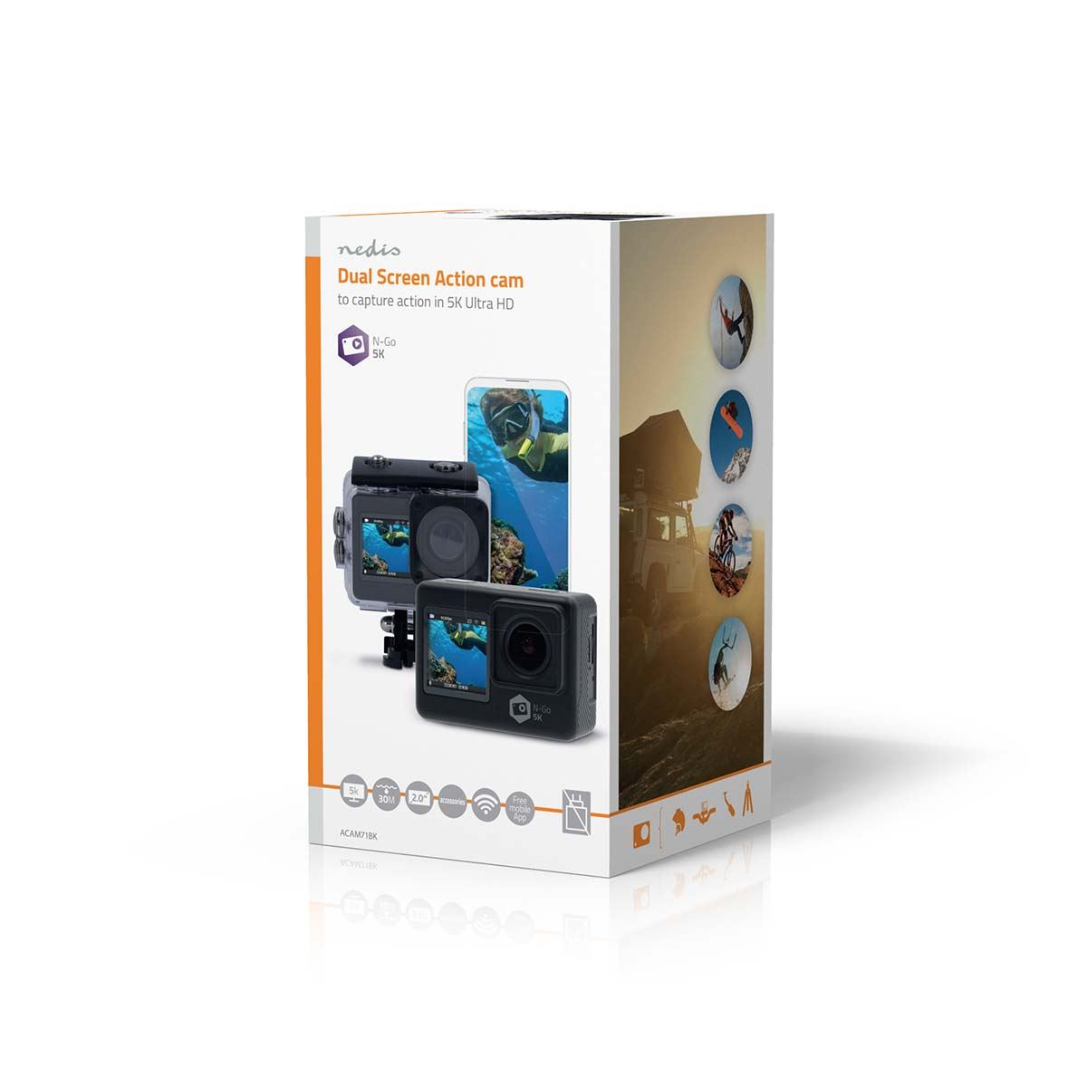 Nedis Dual Screen Action Cam, 5K Ultra HD 30fps, 16MP 170 Degree Wide Angle, Waterproof 30m, Wi-Fi Live Stream with 2" TFT Rear Screen & 1.3" Front Screen, Built-in Mic, Mounting Kit Included