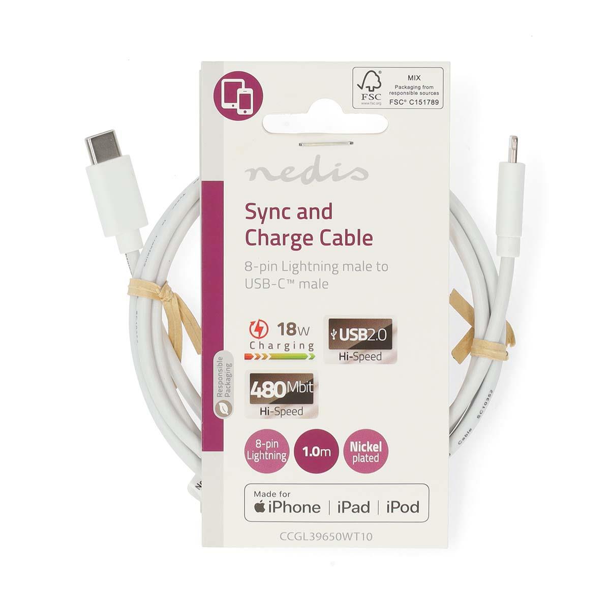 Nedis Lightning Cable | USB 2.0 | Apple Lightning 8-Pin | USB-C™ Male | 480 Mbps | Nickel Plated | 1.00 m | Round | PVC | White | Label