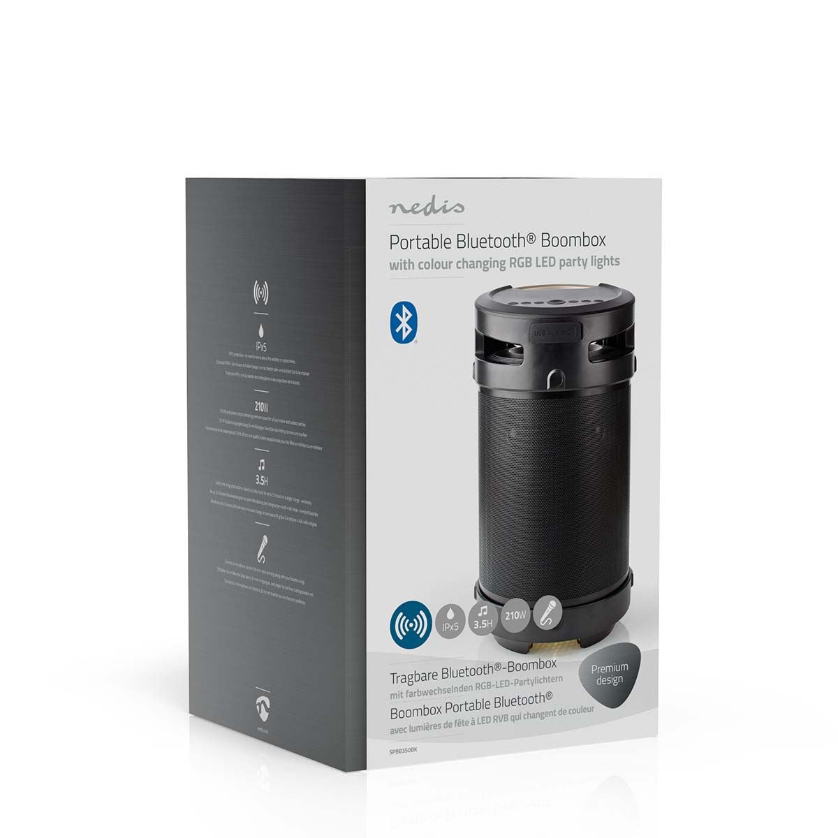 Nedis Bluetooth® Party Boombox | 3.5 hrs | 4.1 | 210 W | Media playback: AUX / USB | IPX5 | Linkable | Carrying handle | Party lights | Black / Silver